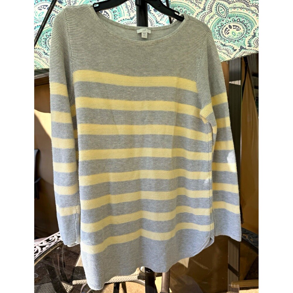 J Jill Womens L Sweater Gray Ivory Striped Cotton Blend Long Sleeve Tunic